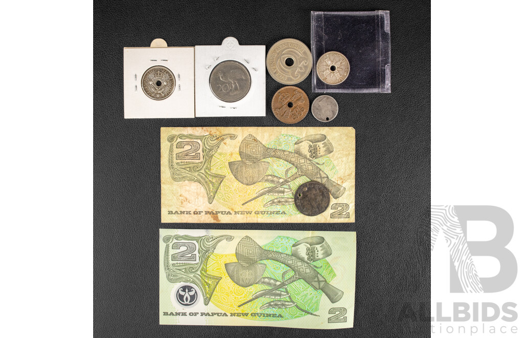Seven Papua New Guinea Coins With Two Twi Kina Notes