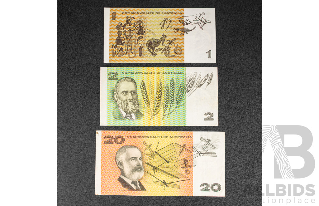 Three Australian 1968 Banknotes, One, Two, Twenty Dollars, Phillips/Randall