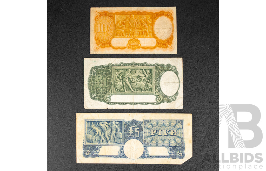 Three Australian Pre Decimal Notes, 1939 Ten Shillings, 1942 One Pound, Five Pounds