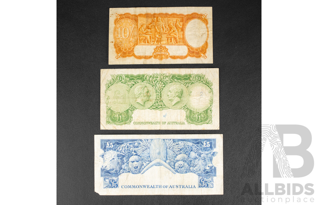 Three Australian Coombs/Wilson Banknotes, Ten Shillings, One Pound, Five Pound