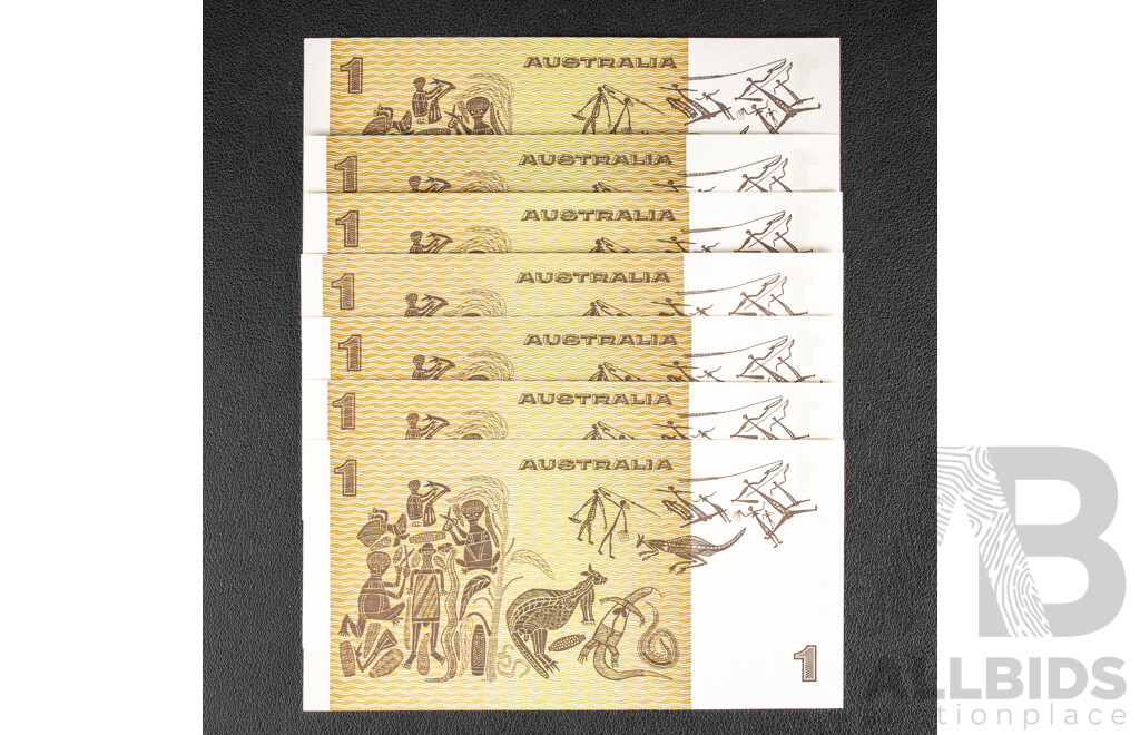 Seven Australian 1976 UNC One Dollar Notes, Knight/Wheeler
