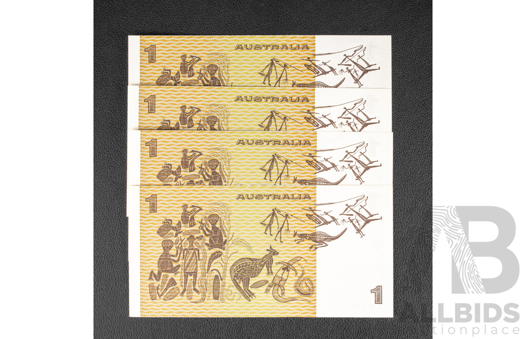 Four Australian 1982 UNC One Dollar Notes, Johnston/Stone, Consecutive
