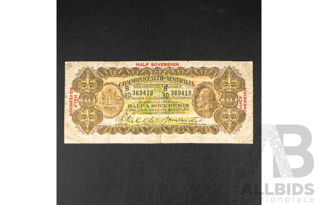 Australian 1928 Half Sovereign/Ten Shillings Note, Riddle/Heathershaw