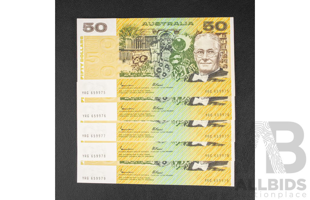 Five Australian 1985 UNC Fifty Dollar Notes, Johnston/Fraser Consecutive