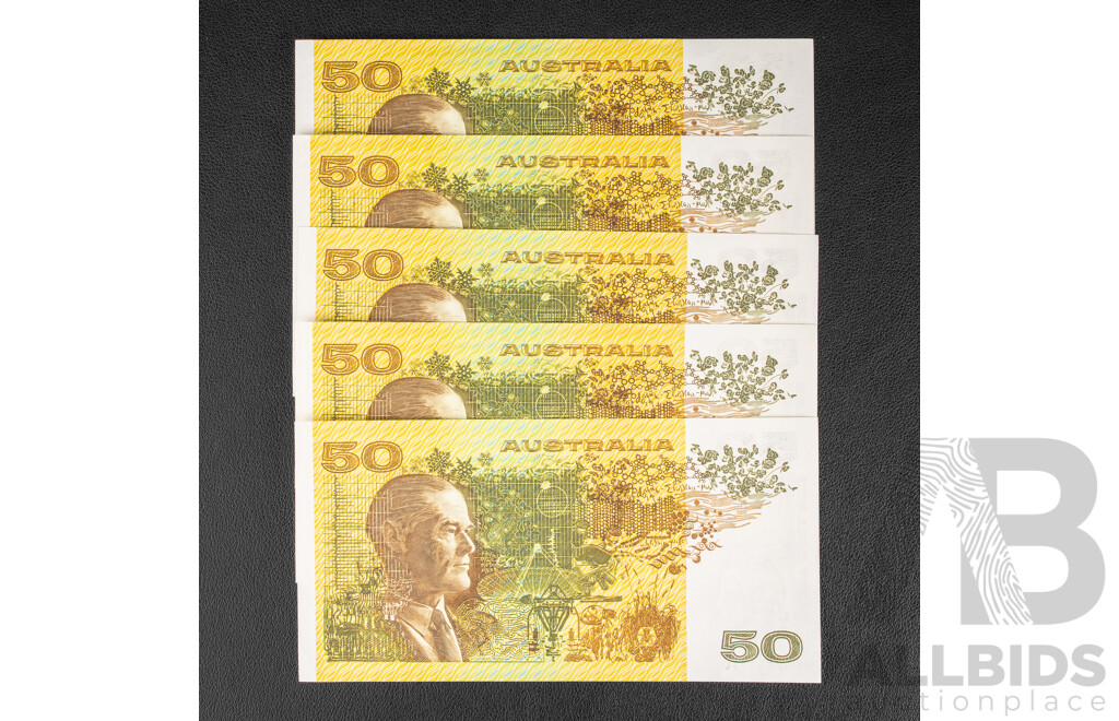 Five Australian 1985 UNC Fifty Dollar Notes, Johnston/Fraser Consecutive