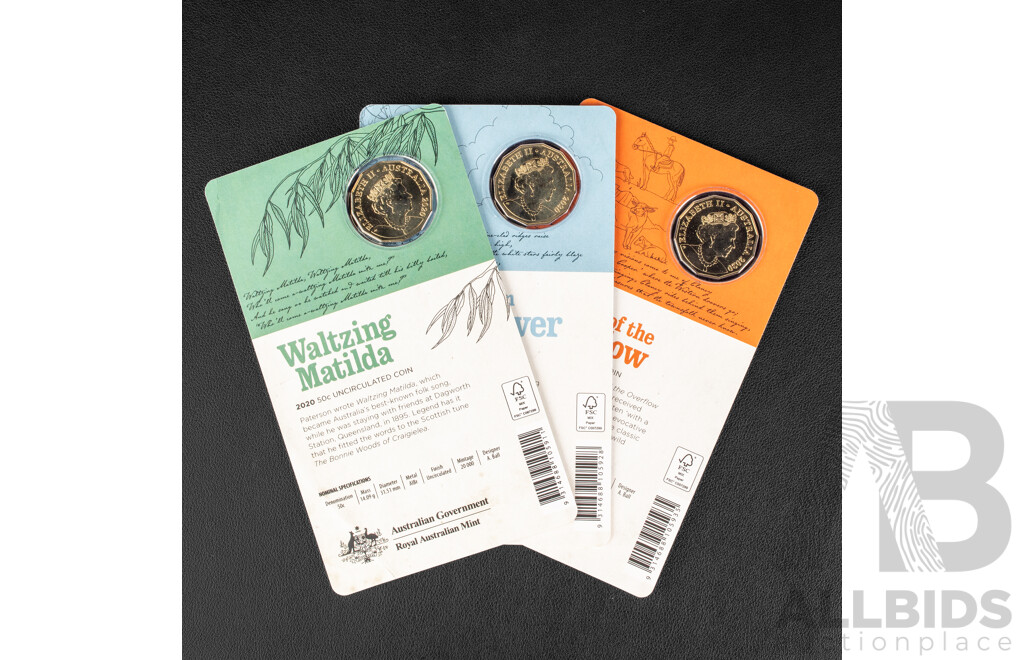 Three Australian 2020 UNC Commemorative Five Dollar Coins, Banjo Paterson