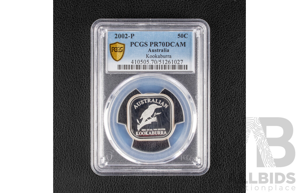 Australian Perth Mint 2002P Square silver Fifty Cent Coin, Kookaburra, Graded PCGS