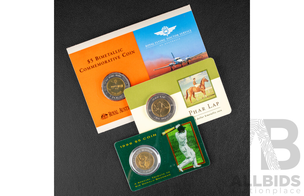 Three Australian Bimetallic Five Dollar Coins 1996, 2000, 1998