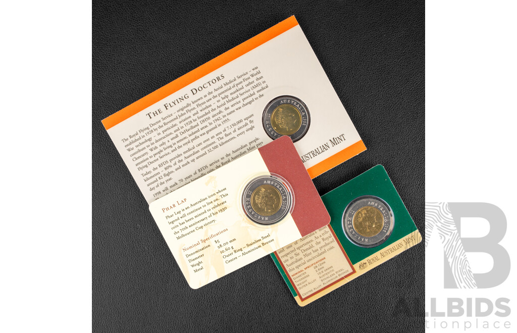 Three Australian Bimetallic Five Dollar Coins 1996, 2000, 1998