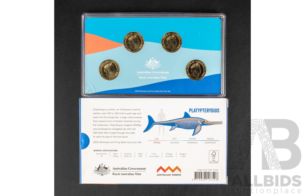 Australian 2022 One Dollar Mint and Privy Mark Coin Set. Down Under Dinosaurs.
