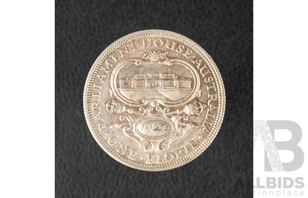 Australian 1927 a/UNC Silver Florin, Parliament House .925