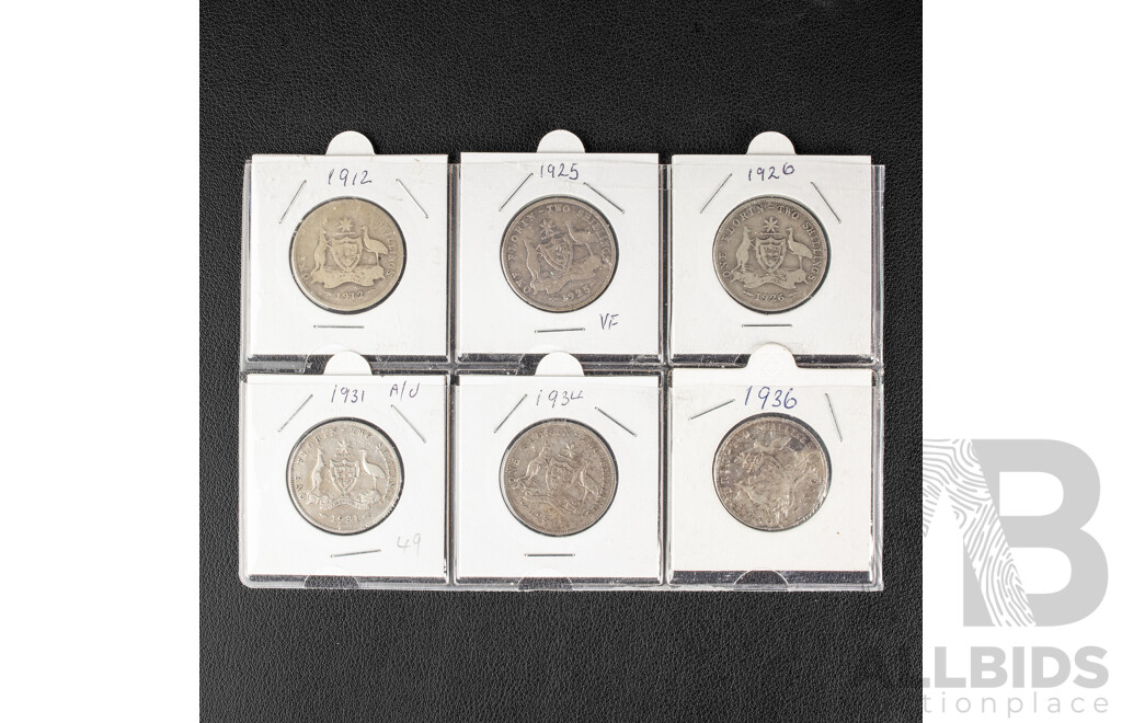 Six Australian King George V Silver Florins 1912 1925 1926 1931 1934 1936 .925
