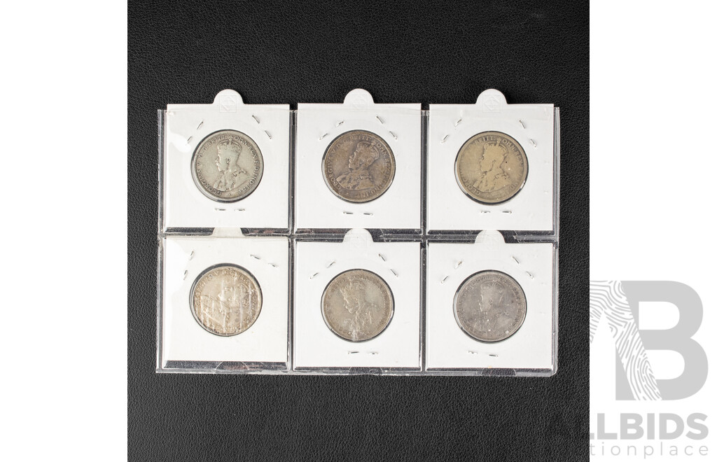 Six Australian King George V Silver Florins 1912 1925 1926 1931 1934 1936 .925