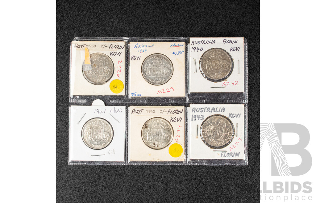 Six Australian King George V Silver Florins, 1938-1943 .925