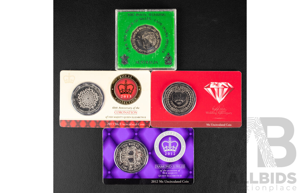 Four Australian QE2 UNC commemorative Fifty Cent Coins