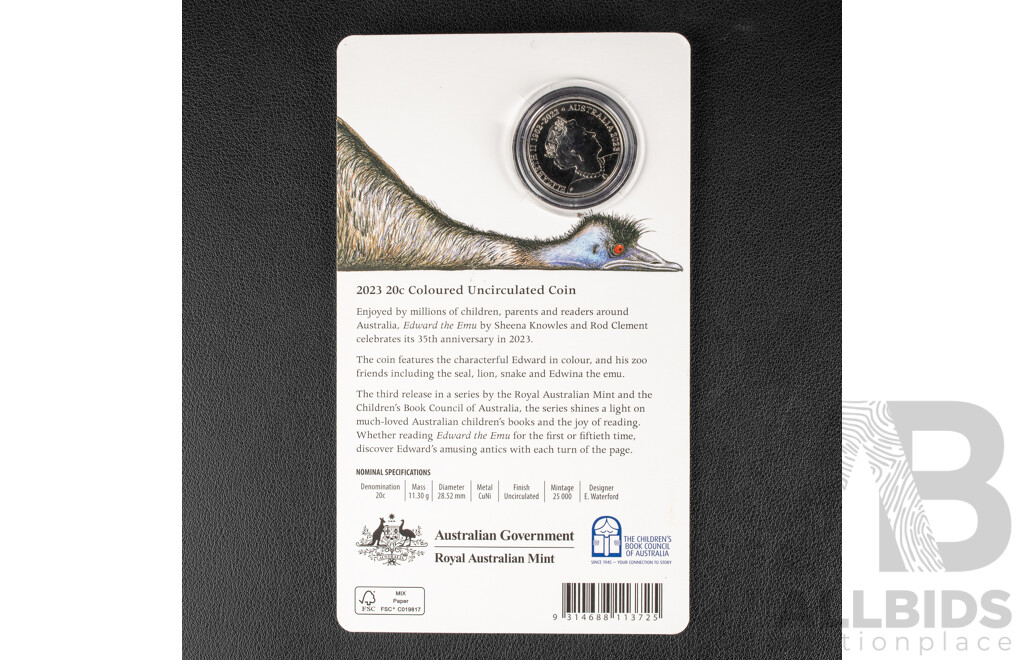Australian 2023 Coloured Twenty Cent Coin , Edward the Emu