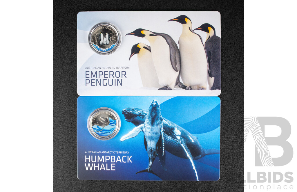 Australian 2023 Coloured Fifty Cent Coins, Humpback Whale and Emporer Penguin