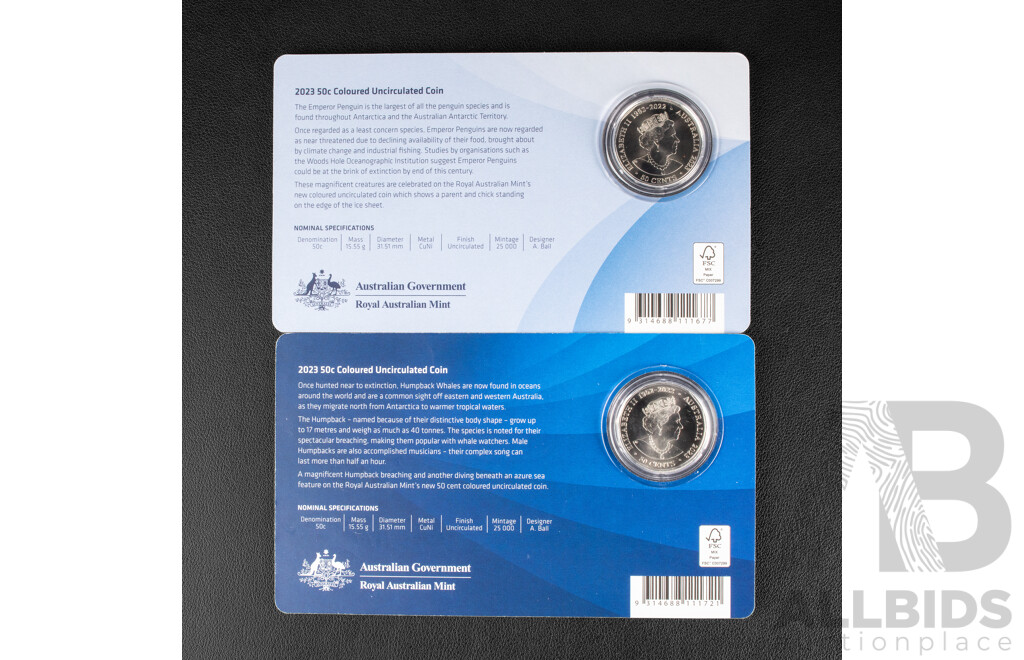 Australian 2023 Coloured Fifty Cent Coins, Humpback Whale and Emporer Penguin