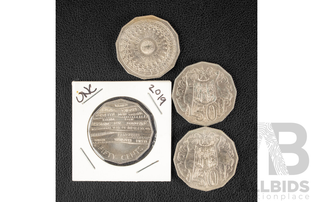Australian UNC Fifty Cent Coins 1969, 1976, 1977, 2019