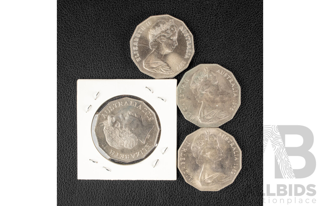 Australian UNC Fifty Cent Coins 1969, 1976, 1977, 2019
