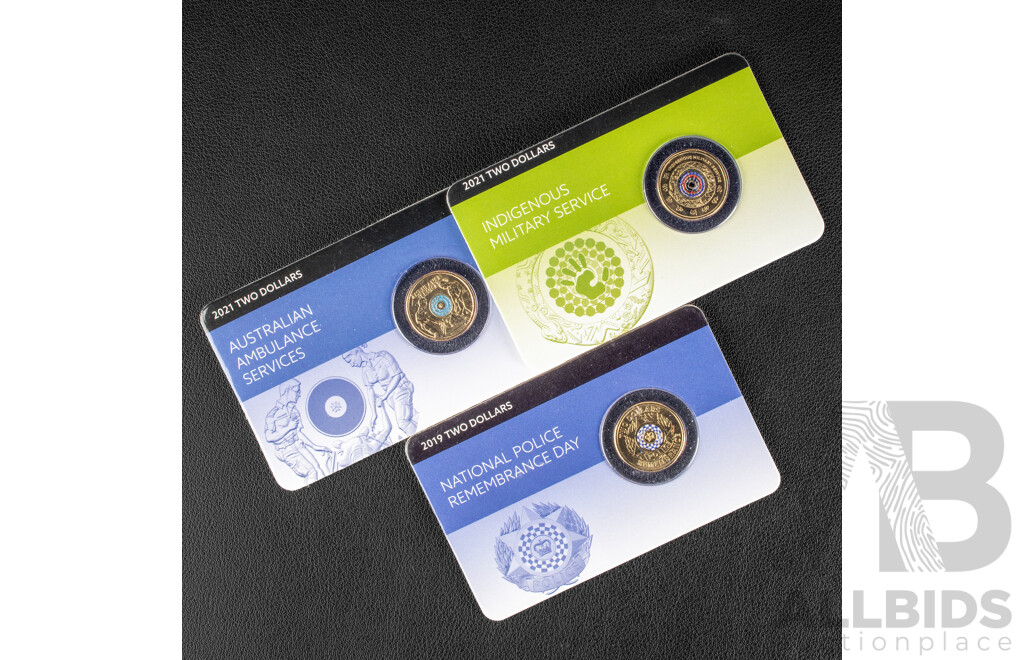 Three Australian RAM Coloured Commemorative Two Dollar Coins 2019, 2022