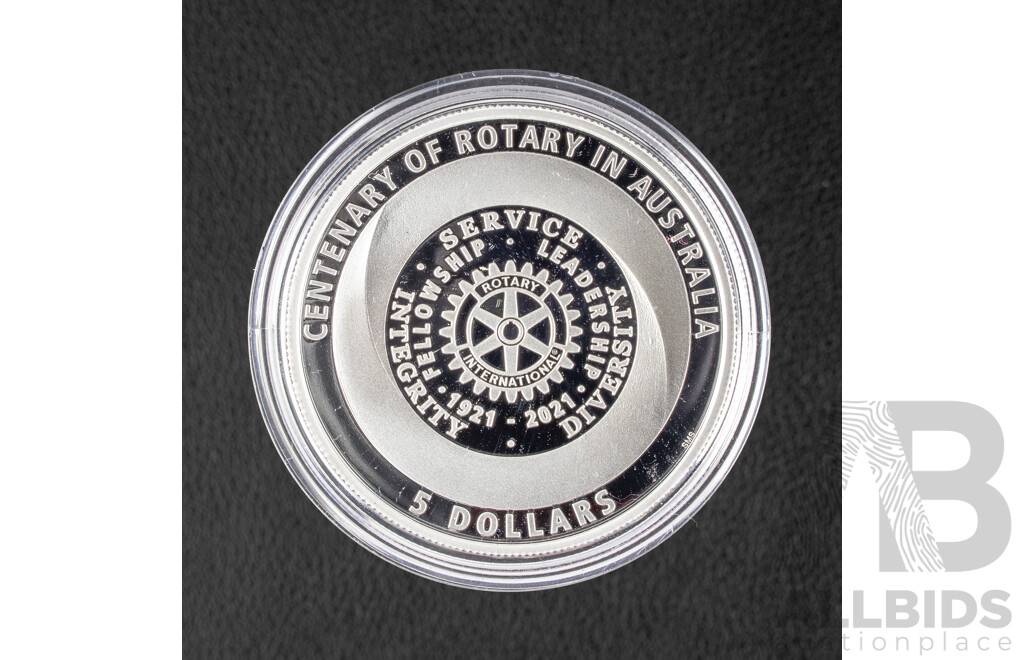 Australian 2021 Silver Proof Five Dollar Coin, Rotary 100 Years Australia