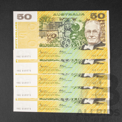 Five Australian 1985 UNC Fifty Dollar Notes, Johnston/Fraser Consecutive