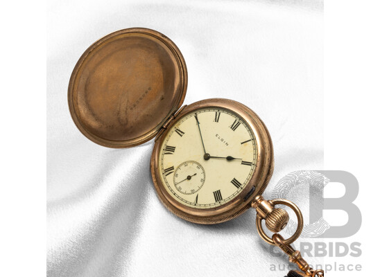 Vintage Elgin Pocket Watch with Gold Filled Keystone Casing & 9ct Rose Gold Fobs, T-Bar & Monogram on Black Grosgrain Ribbon