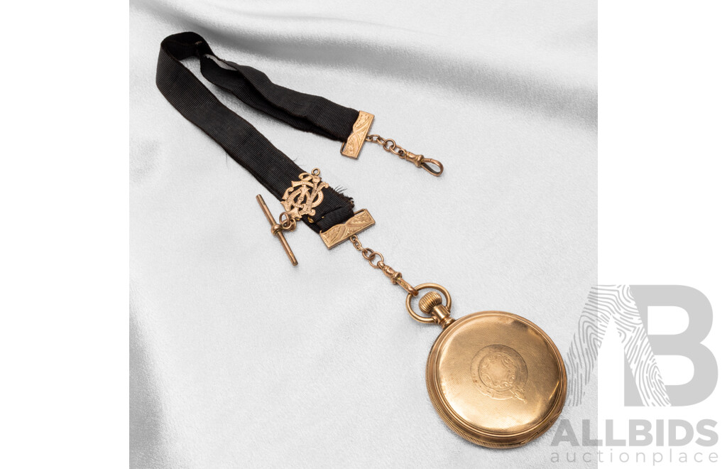 Vintage Elgin Pocket Watch with Gold Filled Keystone Casing & 9ct Rose Gold Fobs, T-Bar & Monogram on Black Grosgrain Ribbon
