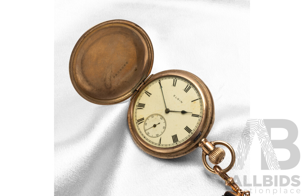 Vintage Elgin Pocket Watch with Gold Filled Keystone Casing & 9ct Rose Gold Fobs, T-Bar & Monogram on Black Grosgrain Ribbon