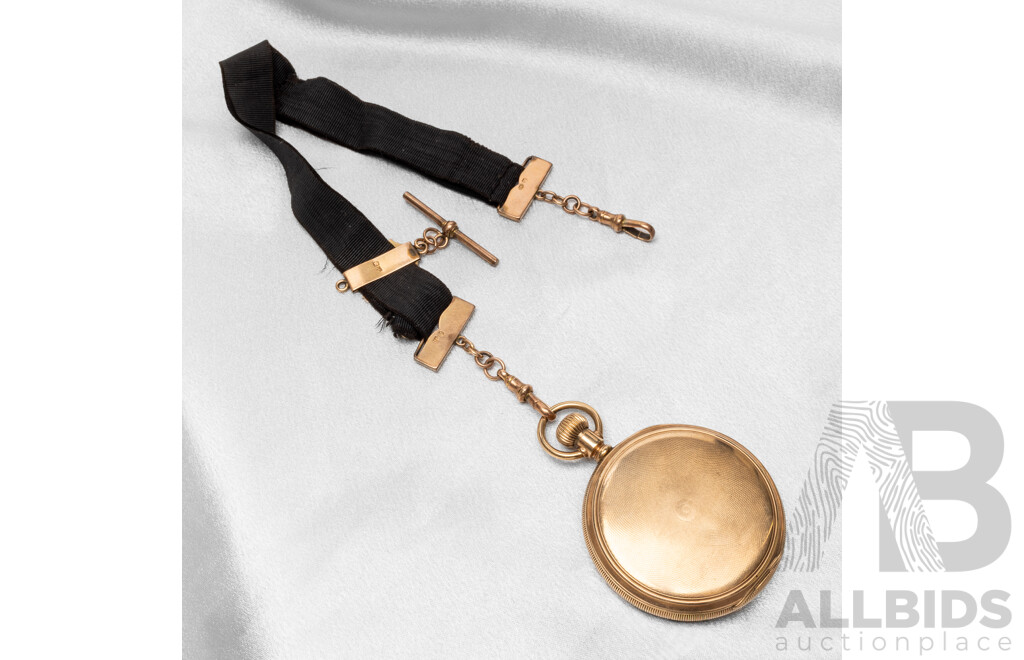 Vintage Elgin Pocket Watch with Gold Filled Keystone Casing & 9ct Rose Gold Fobs, T-Bar & Monogram on Black Grosgrain Ribbon