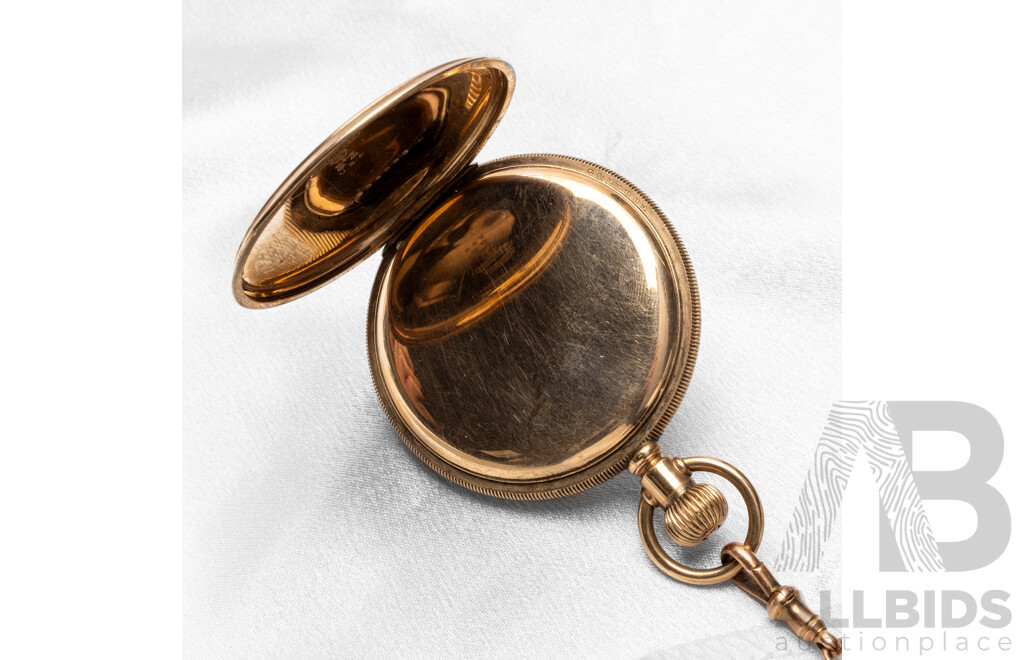 Vintage Elgin Pocket Watch with Gold Filled Keystone Casing & 9ct Rose Gold Fobs, T-Bar & Monogram on Black Grosgrain Ribbon