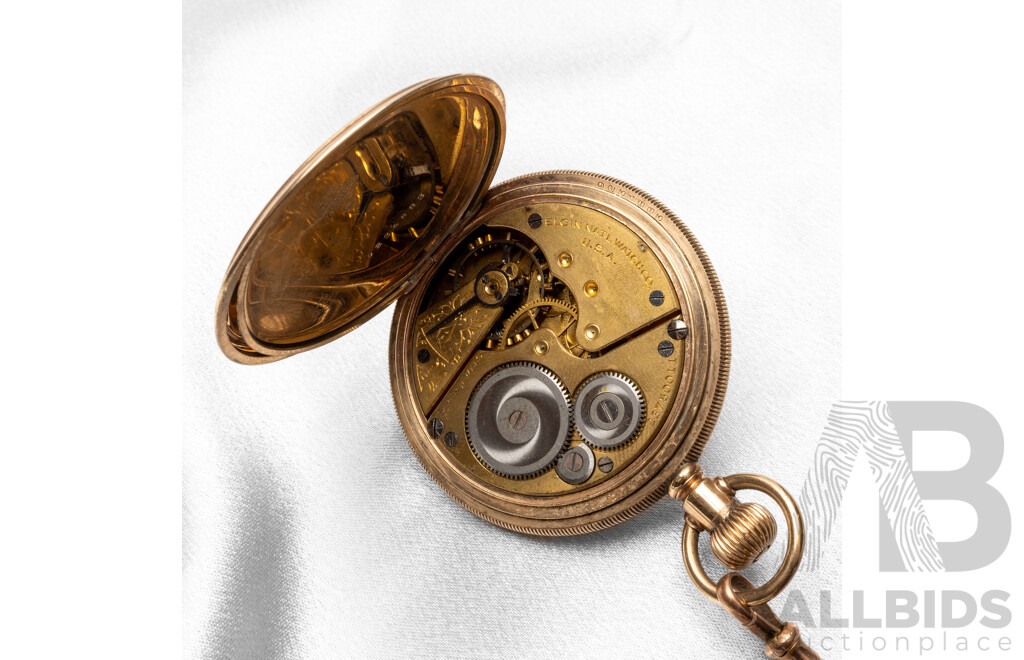Vintage Elgin Pocket Watch with Gold Filled Keystone Casing & 9ct Rose Gold Fobs, T-Bar & Monogram on Black Grosgrain Ribbon
