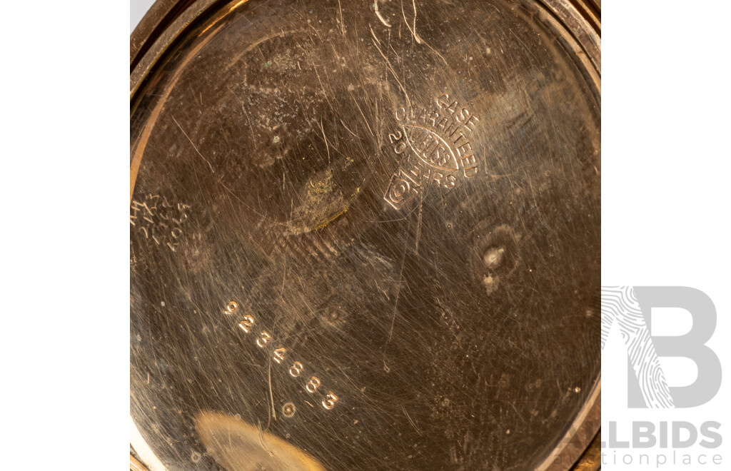 Vintage Elgin Pocket Watch with Gold Filled Keystone Casing & 9ct Rose Gold Fobs, T-Bar & Monogram on Black Grosgrain Ribbon