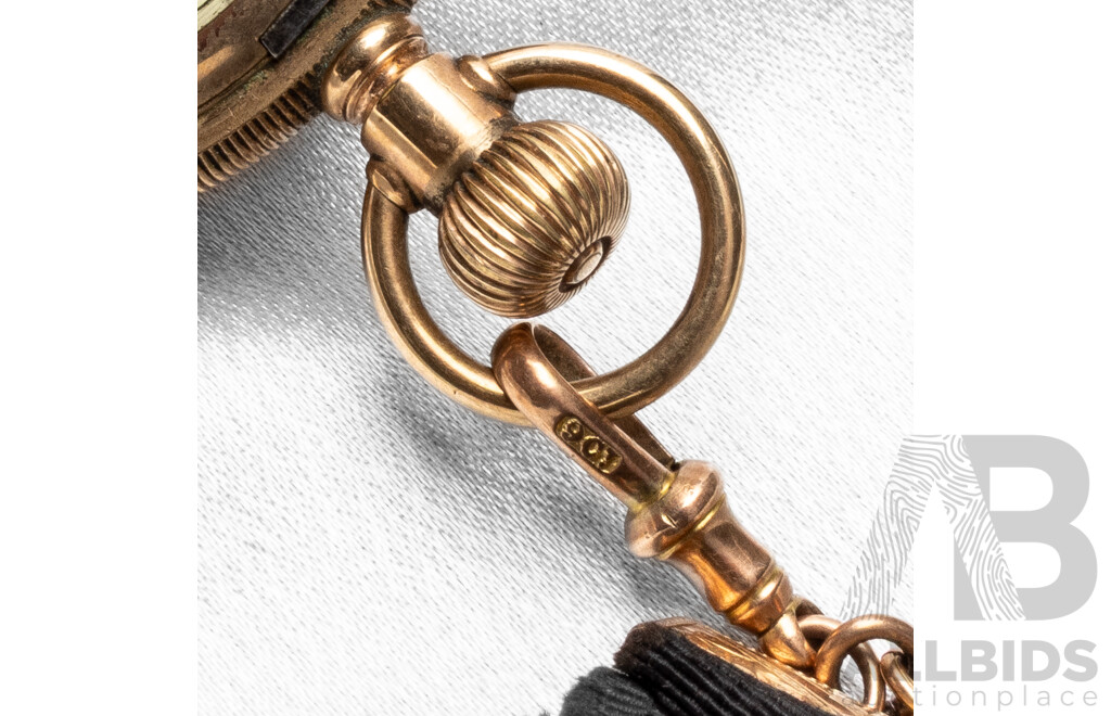Vintage Elgin Pocket Watch with Gold Filled Keystone Casing & 9ct Rose Gold Fobs, T-Bar & Monogram on Black Grosgrain Ribbon