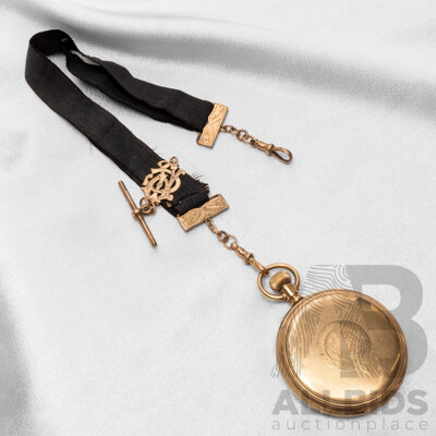 Vintage Elgin Pocket Watch with Gold Filled Keystone Casing & 9ct Rose Gold Fobs, T-Bar & Monogram on Black Grosgrain Ribbon