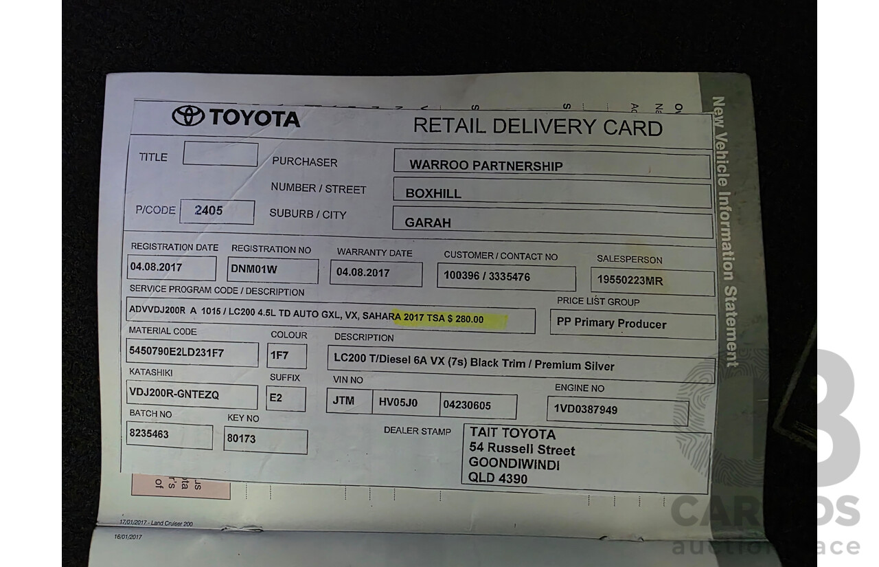 07/2017 Toyota Landcruiser VX (4x4) VDJ200R MY16 4d Wagon Silver 4.5L