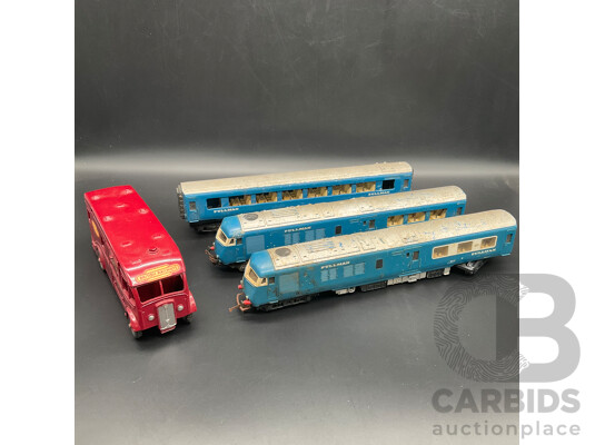 Triang-Hornby R.555 BR Blue Pullman Class 251 Diesel Multiple Unit (DMU) Model in Blue and Yellow Livery, Dinky Toys No. 581 British Railways Horse Box Diecast Model Truck From the 1950s- Lot of 4
