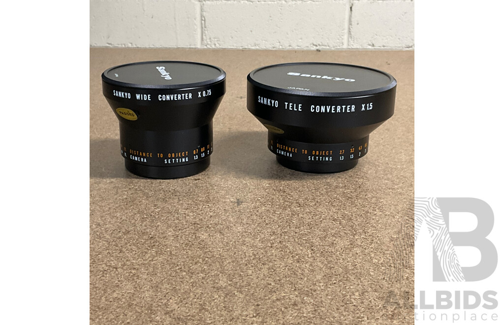 Pair of Vintage (1970s) SANKYO Auxilary Camera Lenses in Original Leather Casing - Wide Converter 0.75x & Tele Converter 1.5x - LOT of 2