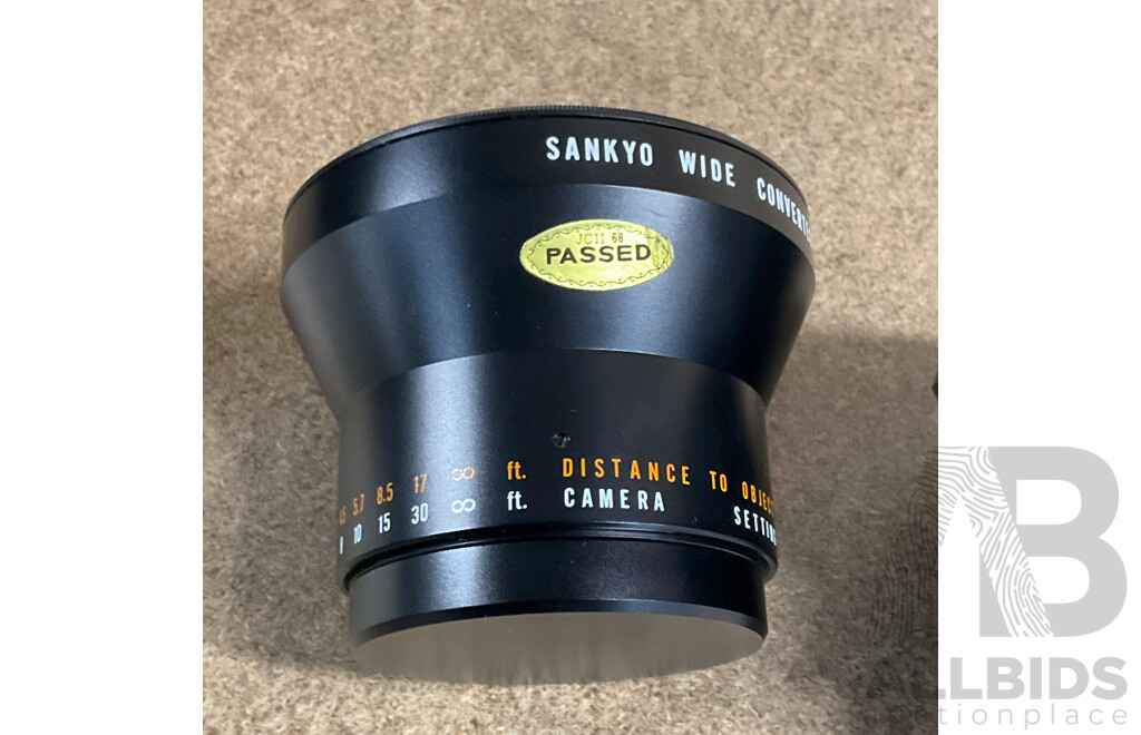 Pair of Vintage (1970s) SANKYO Auxilary Camera Lenses in Original Leather Casing  - Wide Converter 0.75x & Tele Converter 1.5x - LOT of 2