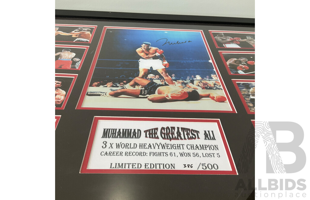 Framed Muhammad Ali Commemorative Photo Montage Featuring a Reproduction Signature and a Limited Edition Numbering of 386/500