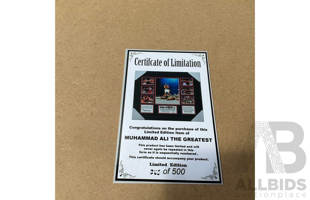 Framed Muhammad Ali Commemorative Photo Montage Featuring a Reproduction Signature and a Limited Edition Numbering of 386/500