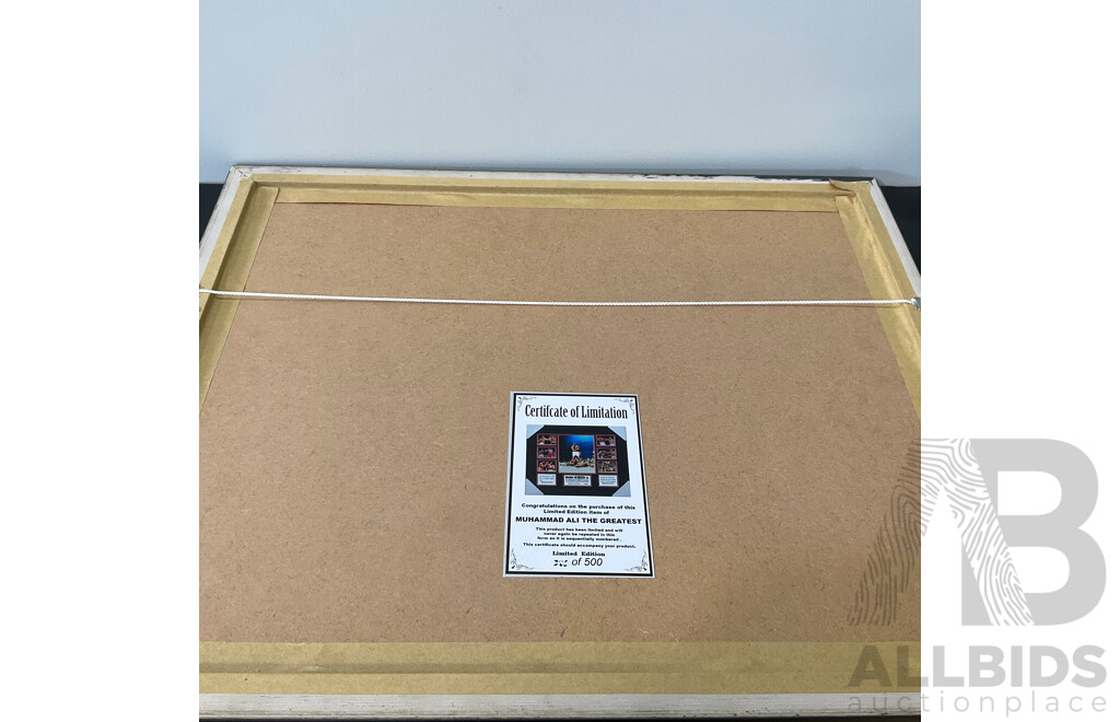 Framed Muhammad Ali Commemorative Photo Montage Featuring a Reproduction Signature and a Limited Edition Numbering of 386/500
