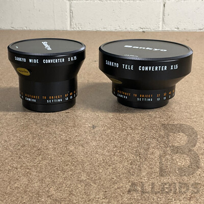 Pair of Vintage (1970s) SANKYO Auxilary Camera Lenses in Original Leather Casing  - Wide Converter 0.75x & Tele Converter 1.5x - LOT of 2