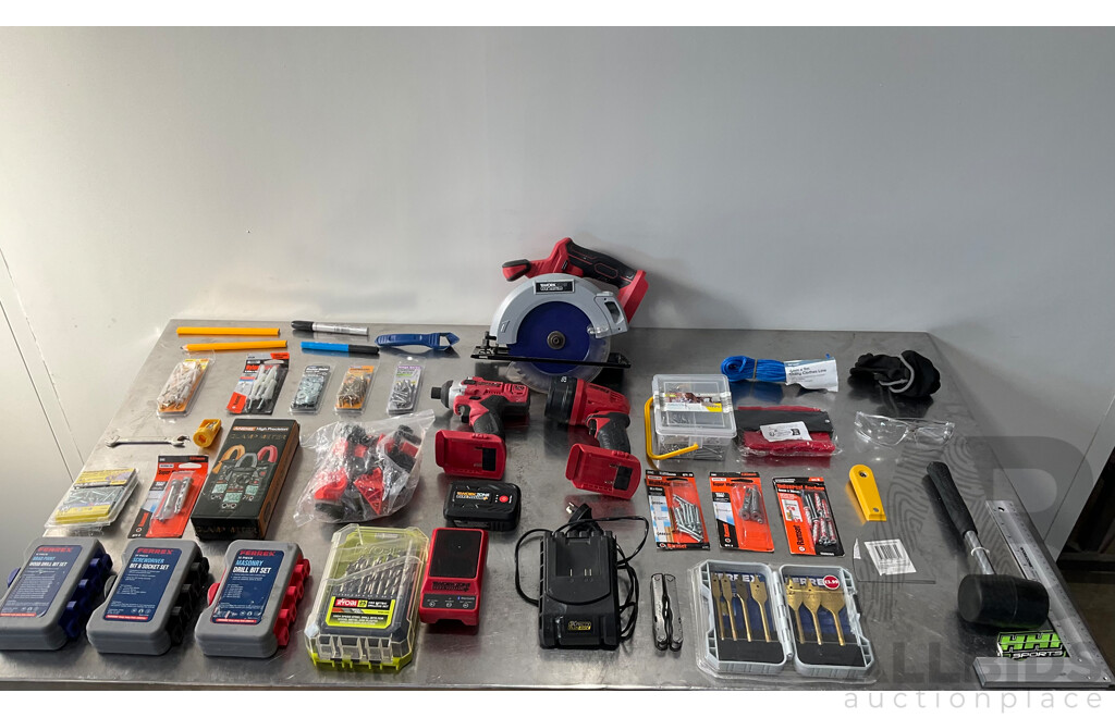 Assortment of Power & Hand Tools with Building Supplies