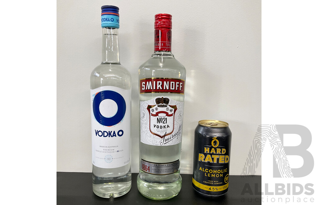 HARD RATED Lemon 375ML, SMIRNOFF Vodka 1L, VODKA O 1L - LOT of 3