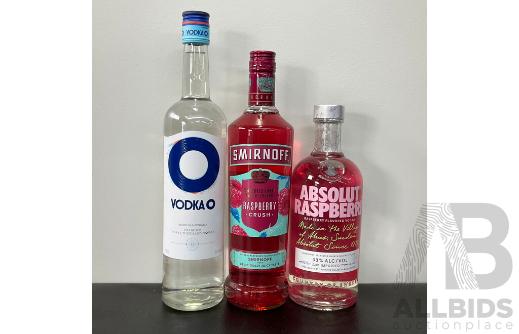 VODKA O 1L, ABSOLUT RASPBERRI 700ML, SMIRNOFF VODKA RASPBERRY CRUSH 700ML - LOT of 3