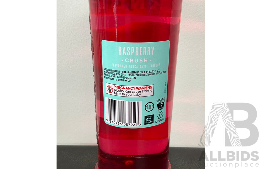 VODKA O 1L, ABSOLUT RASPBERRI 700ML, SMIRNOFF VODKA RASPBERRY CRUSH 700ML - LOT of 3