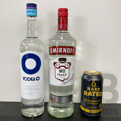 HARD RATED Lemon 375ML, SMIRNOFF Vodka 1L, VODKA O 1L - LOT of 3