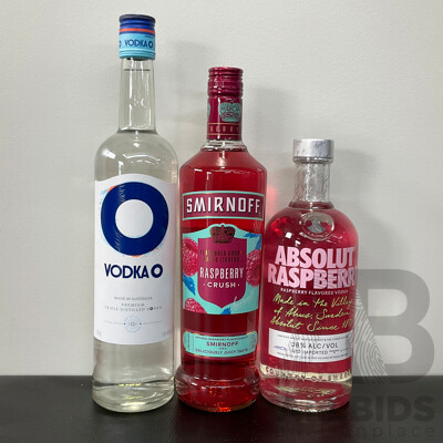 VODKA O 1L, ABSOLUT RASPBERRI 700ML, SMIRNOFF VODKA RASPBERRY CRUSH 700ML - LOT of 3